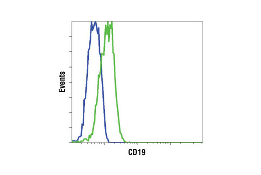 Flow cytometric analysis of Jurkat T cells (blue) and Ramos B cells (green), using CD19 Antibody.