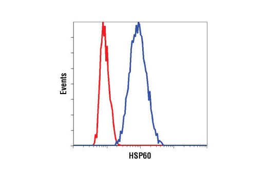 Flow cytometric analysis of HeLa cells using HSP60 (D307) Antibody (blue) compared to a nonspecific negative control antibody (red).