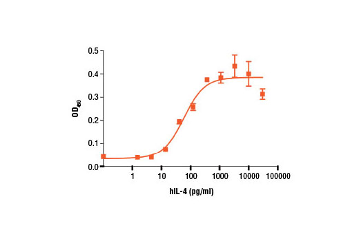 The proliferation of TF-1 cells treated with increasing concentrations of hIL-4 #8919 was assessed. After 72 hr, cells were incubated with a tetrazolium salt and the OD 450 was determined.