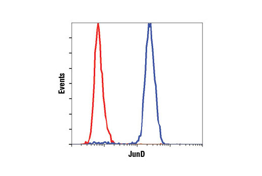 Flow cytometric analysis of HeLa cells using JunD (D17G2) Rabbit mAb (blue) compared to concentration-matched Rabbit (DA1E) mAb IgG XP ® Isotype Control #3900 (red).