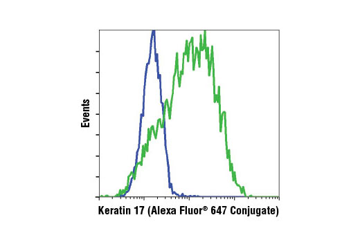  Flow cytometric analysis of A549 (blue) and HeLa (green) cells using Keratin 17 (D73C7) Rabbit mAb (Alexa Fluor® 647 Conjugate).