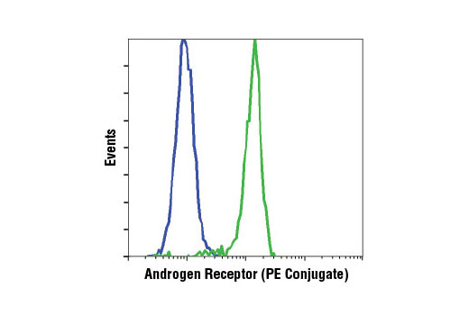 Flow cytometric analysis of Jurkat (blue) and LNCaP (green) cells using Androgen Receptor (D6F11) XP ® Rabbit mAb (PE Conjugate).