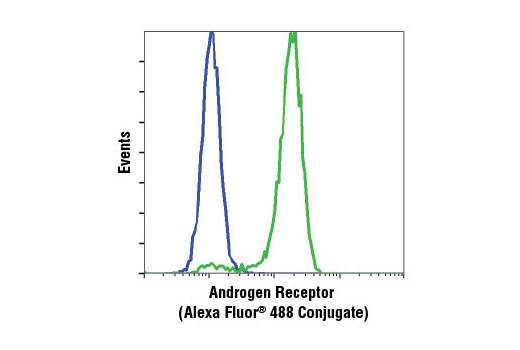 Flow cytometric analysis of Jurkat (blue) and LNCaP (green) cells using Androgen Receptor (D6F11) XP ® Rabbit mAb (Alexa Fluor ® 488 Conjugate).