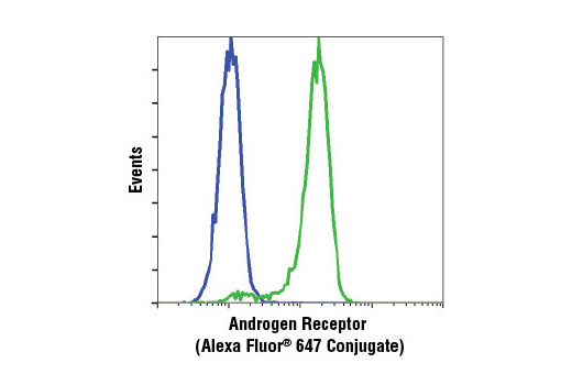Flow cytometric analysis of Jurkat (blue) and LNCaP (green) cells using Androgen Receptor (D6F11) XP ® Rabbit mAb (Alexa Fluor ® 647 Conjugate).