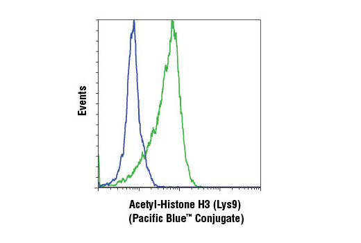 Flow cytometric analysis of HeLa cells, untreated (blue) or SAHA-treated (green), using Acetyl-Histone H3 (Lys9) (C5B11) Rabbit mAb (Pacific Blue™ Conjugate).