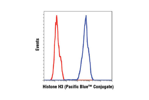 Flow cytometric analysis of Jurkat cells using Histone H3 (D1H2) XP ® Rabbit mAb (Pacific Blue™ Conjugate) (blue) compared to Rabbit (DA1E) mAb IgG XP ® Isotype Control (Pacific Blue™ Conjugate) #9078 (red).
