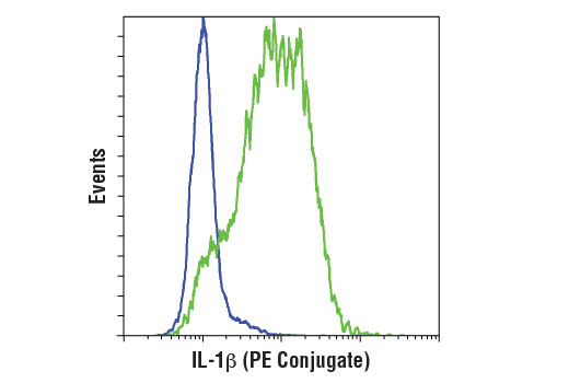 Flow cytometric analysis of THP-1 cells, untreated (blue) or LPS-treated (100 ng/ml, 3 hr; green), using IL-1β (D3U3E) Rabbit mAb (PE Conjugate).