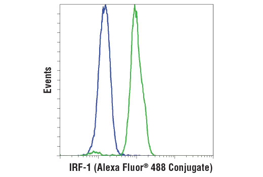 Flow cytometric analysis of HeLa cells, untreated (blue) or treated with Human Interferon-γ (hIFN-γ) #8901 (green), using IRF-1 (D5E4) XP ® Rabbit mAb (Alexa Fluor ® 488 Conjugate).