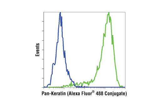 Flow cytometric analysis of Jurkat (blue) and MCF-7 cells (green) using Pan-Keratin (C11) Mouse mAb (Alexa Fluor ® 488 Conjugate).