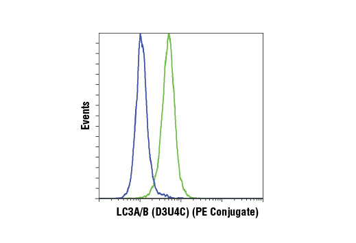 Flow cytometric analysis of HeLa cells, untreated (blue) or treated with chloroquine (50 µM, 16 hr) (green), using LC3A/B (D3U4C) XP ® Rabbit mAb (PE Conjugate).