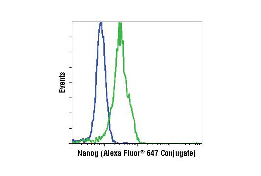 Flow cytometric analysis of HeLa cells (blue) and NTERA-2 cells (green) using Nanog (D73G4) XP ® Rabbit mAb (Alexa Fluor ® 647 Conjugate).