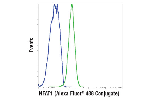 Flow cytometric analysis of LNCap (Blue) and Jurkat cells (green) using NFAT1 (D43B1) XP ® Rabbit mAb (Alexa Fluor ® 488 Conjugate).