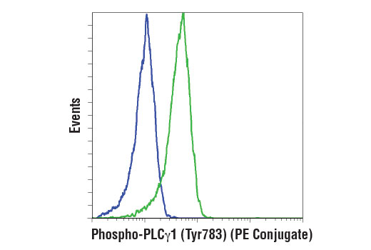 Flow cytometric analysis of NIH/3T3 cells, untreated (blue) or treated with recombinant mouse PDGF-BB (200 ng/ml, 10 min; green), using Phospho-PLCγ1 (Tyr783) (D6M9S) Rabbit mAb (PE Conjugate).