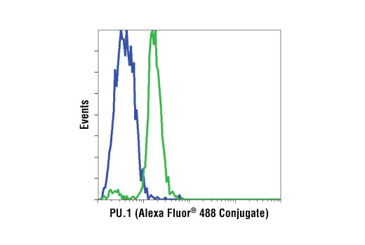 Flow cytometric analysis of MCF-7 cells (blue) or THP-1 cells (green) using PU.1 (9G7) Rabbit mAb (Alexa Fluor ® 488 Conjugate).