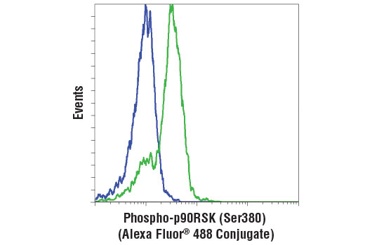 Flow cytometric analysis of Jurkat cells, untreated (blue) or treated with TPA #4174 (green), using Phospho-p90RSK (Ser380) (D5D8) Rabbit mAb (Alexa Fluor® 488 Conjugate).