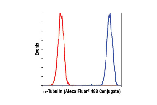 Flow cytometric analysis of Jurkat cells, using α-Tubulin (DM1A) Mouse mAb (Alexa Fluor ® 488 Conjugate) (blue) compared to Mouse (MOPC-21) mAb IgG1 Isotype Control (Alexa Fluor ® 488 Conjugate) #4878 (red).