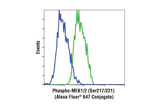 Flow cytometric analysis of Jurkat cells, treated with U0126 (MEK1/2 Inhibitor) #9903 (blue) or TPA (Phorbol-12-Myristate-13-Acetate) #9905 (green), using Phospho-MEK1/2 (Ser217/221) (41G9) Rabbit mAb (Alexa Fluor ® 647 Conjugate).