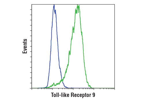 Flow cytometric analysis of THP-1 cells (blue) and RPMI 8226 cells (green) using Toll-like Receptor 9 (D9M9H) XP ® Rabbit mAb. Anti-rabbit IgG (H+L), F(ab') 2 Fragment (Alexa Fluor ® 488 Conjugate) was used as a secondary antibody.