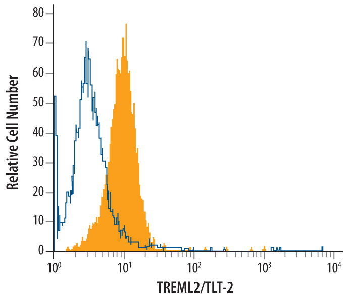 Detection of TREML2 in M1 Mouse Cell Line by Flow Cytometry. M1 mouse myeloid leukemia cell line was stained with Rat Anti-Mouse TREML2/TLT-2 Monoclonal Antibody (Catalog # MAB6707, filled histogram) or isotype control antibody (Catalog # MAB006 , open histogram), followed by Phycoerythrin-conjugated Anti-Rat IgG Secondary Antibody (Catalog # F0105B ).