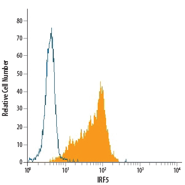 Detection of IRF5 in Human PBMCs Monocytes by Flow Cytometry. Human peripheral blood monocytes were stained with Sheep Anti-Human IRF5 PE-conjugated Antigen Affinity-purified Polyclonal Antibody (Catalog # IC4508P, filled histogram) or isotype control antibody (Catalog # IC016P , open histogram). To facilitate intracellular staining, cells were fixed with Flow Cytometry Fixation Buffer (Catalog # FC004 ) and permeabilized with Flow Cytometry Permeabilization/Wash Buffer I (Catalog # FC005 ). View our protocol for Staining Intracellular Molecules .