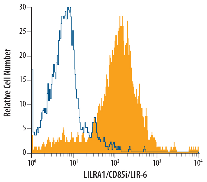Detection of LILRA1/CD85i/LIR-6 in Human Monocytes by Flow Cytometry. Human blood-derived monocytes were stained with Mouse Anti-Human LILRA1/CD85i/LIR-6 Monoclonal Antibody (Catalog # MAB30851, filled histogram) or isotype control antibody (Catalog # MAB0041, open histogram), followed by Phycoerythrin-conjugated Anti-Mouse IgG Secondary Antibody (Catalog # F0102B).