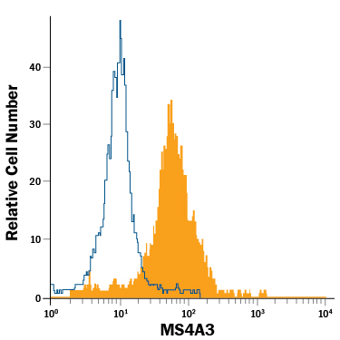 Detection of MS4A3 in Human Whole Blood Monocytes by Flow Cytometry. Human whole blood monocytes were stained with Mouse Anti-Human MS4A3 PE‑conjugated Monoclonal Antibody (Catalog # FAB6247P, filled histogram) or isotype control antibody (Catalog # IC003P , open histogram). View our protocol for Staining Membrane-associated Proteins .