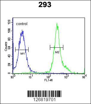TSPAN3 Antibody (Center) (Cat. #AP5559c) flow cytometric analysis of 293 cells (right histogram) compared to a negative control cell (left histogram).FITC-conjugated goat-anti-rabbit secondary antibodies were used for the analysis.