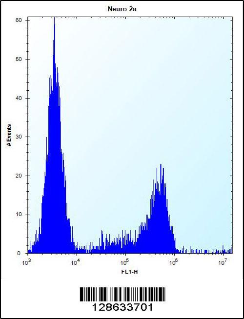 CASC4 Antibody (C-term) (Cat. #AP10511b) flow cytometric analysis of Neuro-2a cells (right histogram) compared to a negative control cell (left histogram).FITC-conjugated donkey-anti-rabbit secondary antibodies were used for the analysis.