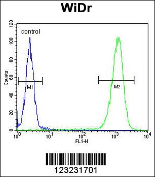 TSPAN33 Antibody (C-term) (Cat. #AP9397b) flow cytometric analysis of WiDr cells (right histogram) compared to a negative control cell (left histogram).FITC-conjugated goat-anti-rabbit secondary antibodies were used for the analysis.