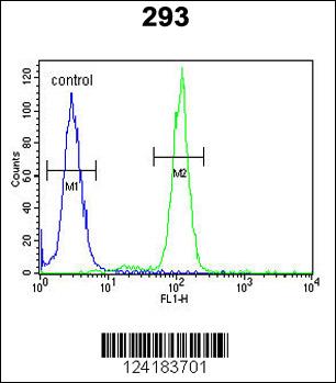 OST alpha Antibody (C-term) (Cat. #AP9838b) flow cytometric analysis of 293 cells (right histogram) compared to a negative control cell (left histogram).FITC-conjugated goat-anti-rabbit secondary antibodies were used for the analysis.