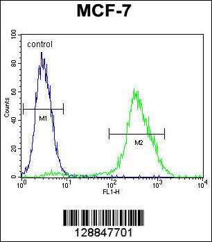 PMPCA Antibody (C-term) (Cat. #AP11161b) flow cytometric analysis of MCF-7 cells (right histogram) compared to a negative control cell (left histogram).FITC-conjugated goat-anti-rabbit secondary antibodies were used for the analysis.