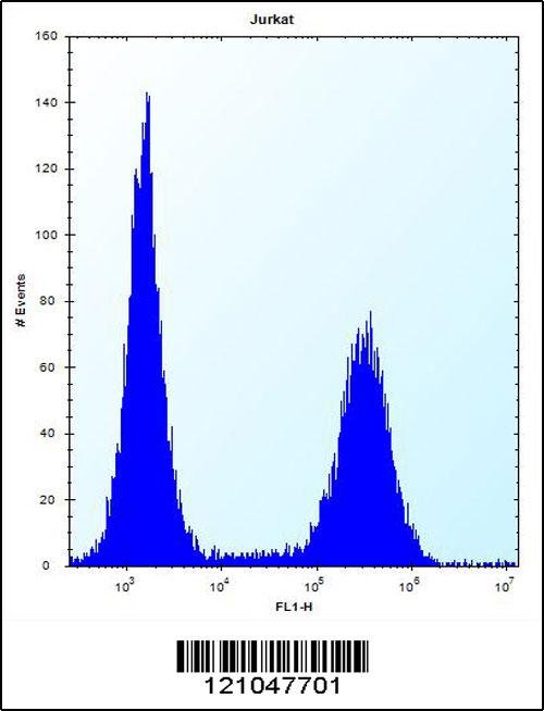 RNF11 Antibody (Center) (Cat. #AP12908c) flow cytometric analysis of Jurkat cells (right histogram) compared to a negative control cell (left histogram).FITC-conjugated donkey-anti-rabbit secondary antibodies were used for the analysis.