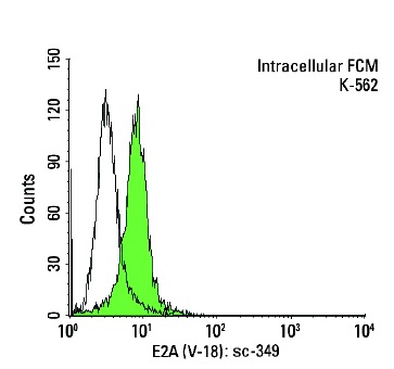 E2A (V-18): sc-349. Indirect, intracellular FCM analysis of fixed and permeabilized K-562 cells stained with E2A (V-18), followed by FITC-conjugated goat anti-rabbit IgG: sc-2012. Black line histogram represents the isotype control, normal rabbit IgG: sc-3888.
