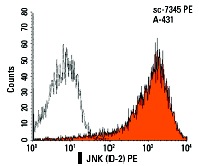 JNK (D-2) PE: sc-7345 PE. Intracellular FCM analysis of fixed and permeabilized A-431 cells. Black line histogram represents the isotype control, normal mouse IgG<sub>1</sub>: sc-2866.histogram represents control mouse IgG<sub>1</sub>.