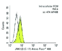 JNK1/3 (C-17) Alexa Fluor 488: sc-474 AF488. Intracellular FCM analysis of fixed and permeabilized HeLa cells. Black line histogram represents the isotype control, normal rabbit IgG: sc-45068.