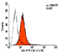 SH-PTP1 (D-11) PE: sc-7289 PE. Intracellular FCM analysis of methanol permeabilized U-937 cells. Solid black line histogram represents control mouse IgG<sub>3</sub>.