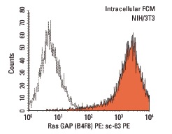 Ras GAP (B4F8) PE: sc-63 PE. Intracellular FCM analysis of fixed and permeabilized NIH/3T3 cells. Black line histogram represents the isotype control, normal mouse IgG<sub>2a</sub>: sc-2867.