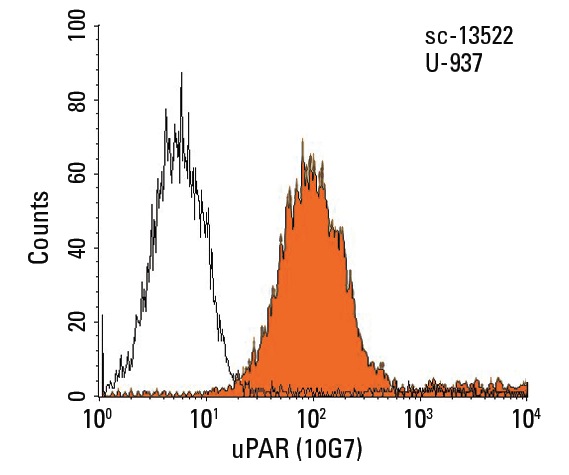 uPAR (10G7): sc-13522. Indirect FCM analysis of U-937 cells stained with uPAR (10G7), followed by FITC-conjugated goat anti-mouse IgG: sc-2010. Black line histogram represents the isotype control, normal mouse IgG: sc-2025.