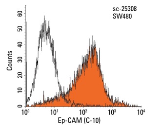 Ep-CAM (C-10) PE: sc-25308 PE. FCM analysis of SW480 cells. Black line histogram represents the isotype control, normal mouse IgG<sub>2a</sub>: sc-2867.