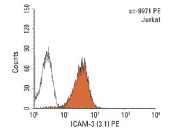 ICAM-3 (3.1) PE: sc-9971 PE. FCM analysis of Jurkat cells. Black line histogram represents the isotype control, normal mouse IgG<sub>1</sub>: sc-2866.