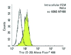 Trio (D-20) Alexa Fluor 488: sc-6060 AF488. Intracellular FCM analysis of fixed and permeabilized HeLa cells. Black line histogram represents the isotype control, normal goat IgG: sc-45067.