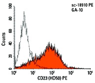 CD23 (HD50) PE: sc-18910 PE. FCM analysis of GA-10 cells. Black line histogram represents the isotype control, normal mouse IgG<sub>2b</sub>: sc-2868.