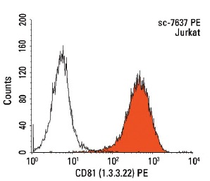 CD81 (1.3.3.22) PE: sc-7637 PE. FCM analysis of Jurkat cells. Black line histogram represents the isotype control, normal mouse IgG<sub>1</sub>: sc-2866.