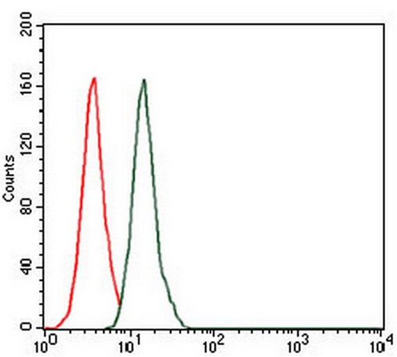 Flow cytometric analysis of HeLa cells labeling C20orf70 with ab190088 at 1/200 dilution (green), compared to a negative control (red).