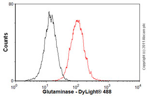 Overlay histogram showing HeLa cells stained with ab76940 (red line). The cells were fixed with 80% methanol (5 min) and incubated in 1x PBS / 10% normal goat serum / 0.3M glycine to block non-specific protein-protein interactions. The cells were then incubated with the antibody (ab76940, 0.5µg/1x106 cells) for 30 min at 22ºC. The secondary antibody used was DyLight® 488 goat anti-mouse IgG (H+L) (ab96879) at 1/500 dilution for 30 min at 22ºC. Isotype control antibody (black line) was mouse IgG2a [ICIGG2A] (ab91361, 1µg/1x106 cells) used under the same conditions. Acquisition of >5,000 events was performed.Please note that Abcam do not have any data for use of this antibody on non-fixed cells. We welcome any customer feedback.