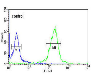 Flow cytometric analysis of Hela cells labelling CLIP170 with ab135738 at 1/10 dilution (green) compared to negative control cells (blue). FITC-conjugated goat-anti-rabbit secondary antibodies were used for the analysis.