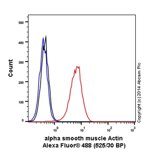 Overlay histogram showing HeLa cells stained with ab197240 (red line). The cells were fixed with 4% formaldehyde (10 min) and then permeabilized with 0.1% PBS-Tween for 20 min. The cells were then incubated in 1x PBS / 10% normal goat serum / 0.3M glycine to block non-specific protein-protein interactions followed by the antibody (ab197240, 1/50 dilution) for 30 min at 22°C. Isotype control antibody (black line) was rabbit IgG (monoclonal) Alexa Fluor® 488 used at the same concentration and conditions as the primary antibody. Unlabelled sample (blue line) was also used as a control.Acquisition of >5,000 events were collected using a 20mW Argon ion laser (488nm) and 525/30 bandpass filter.This antibody gave a positive signal in HeLa fixed with 80% methanol (5 min)/permeabilized with 0.1% PBS-Tween for 20 min used under the same conditions.