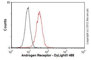 Overlay histogram showing PC3 cells stained with ab52615 (red line). The cells were fixed with 80% methanol (5 min) and then permeabilized with 0.1% PBS-Tween for 20 min. The cells were then incubated in 1x PBS / 10% normal goat serum / 0.3M glycine to block non-specific protein-protein interactions followed by the antibody (ab52615, 1/100 dilution) for 30 min at 22ºC. The secondary antibody used was DyLight® 488 goat anti-rabbit IgG (H+L) (ab96899) at 1/500 dilution for 30 min at 22ºC. Isotype control antibody (black line) was rabbit IgG (monoclonal) (1µg/1x106 cells) used under the same conditions. Acquisition of >5,000 events was performed.