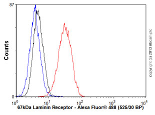 Overlay histogram showing MCF7 cells stained with ab133645 (red line). The cells were fixed with 4% paraformaldehyde (10 min) and then permeabilized with 0.1% PBS-Tween for 20 min. The cells were then incubated in 1x PBS / 10% normal goat serum / 0.3M glycine to block non-specific protein-protein interactions followed by the antibody (ab133645, 1/1000 dilution) for 30 min at 22°C. The secondary antibody used was Alexa Fluor® 488 goat anti-rabbit IgG (H&L) (ab150077) at 1/2000 dilution for 30 min at 22°C. Isotype control antibody (black line) was rabbit IgG (monoclonal) (0.1μg/1x106 cells) used under the same conditions. Unlabelled sample (blue line) was also used as a control. Acquisition of >5,000 events were collected using a 20mW Argon ion laser (488nm) and 525/30 bandpass filter. This antibody gave a positive signal in MCF7 cells fixed with 80% methanol (5 min)/permeabilized with 0.1% PBS-Tween for 20 min used under the same conditions.