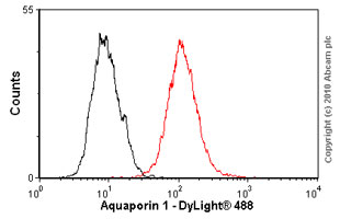 Overlay histogram showing HEK293 cells stained with ab9566 (red line). The cells were fixed with methanol (5 min) and then permeabilized with 0.1% PBS-Triton for 20 min. The cells were then incubated in 1x PBS / 10% normal goat serum / 0.3M glycine to block non-specific protein-protein interactions followed by the antibody (ab9566, 2µg/1x106 cells) for 30 min at 22°C. The secondary antibody used was DyLight® 488 goat anti-mouse IgG (H+L) (ab96879) at 1/500 dilution for 30 min at 22°C. Isotype control antibody (black line) was mouse IgG2b [PLPV219] (ab91366, 2µg/1x106 cells) used under the same conditions. Acquisition of >5,000 events was performed. This antibody gave a positive signal in HEK293 cells fixed with 4% paraformaldehyde (10 min)/permeabilized in 0.1% PBS-Triton used under the same conditions.